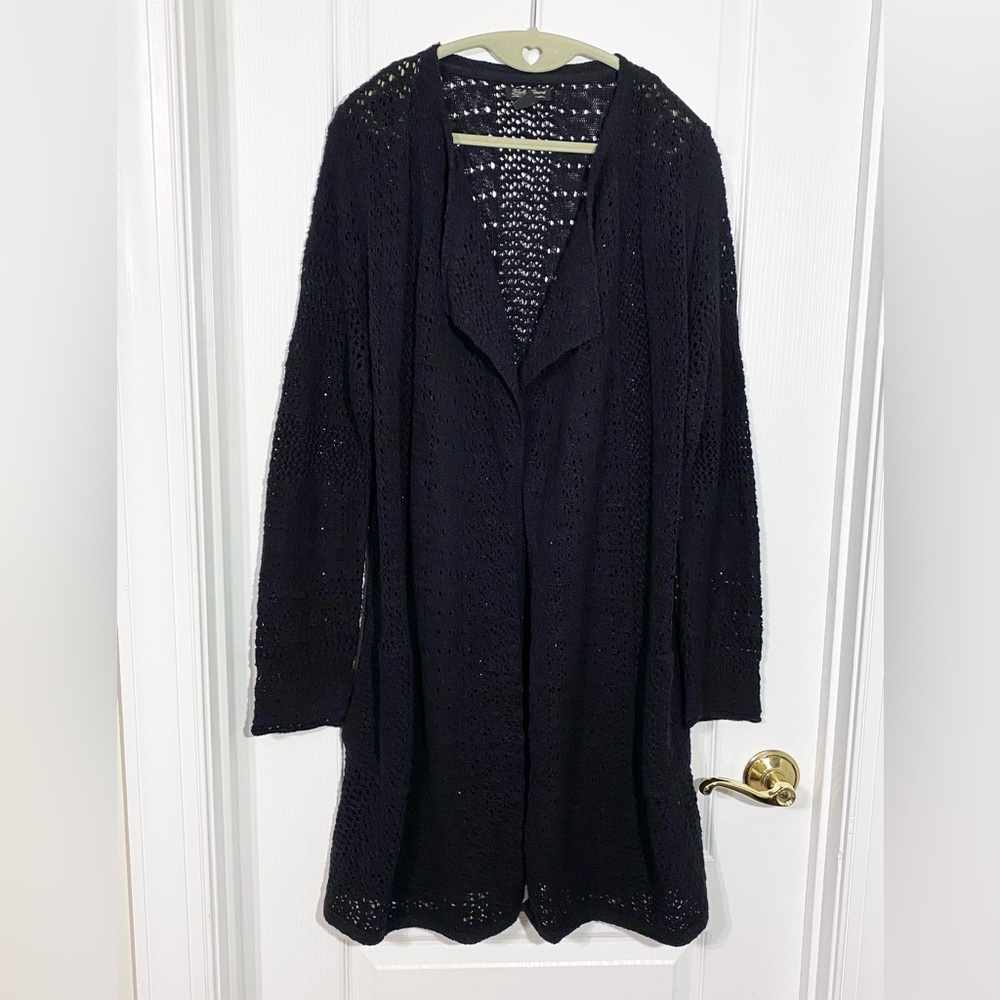 Lucky Brand Open Knit Long Duster Cardigan Black Size Large